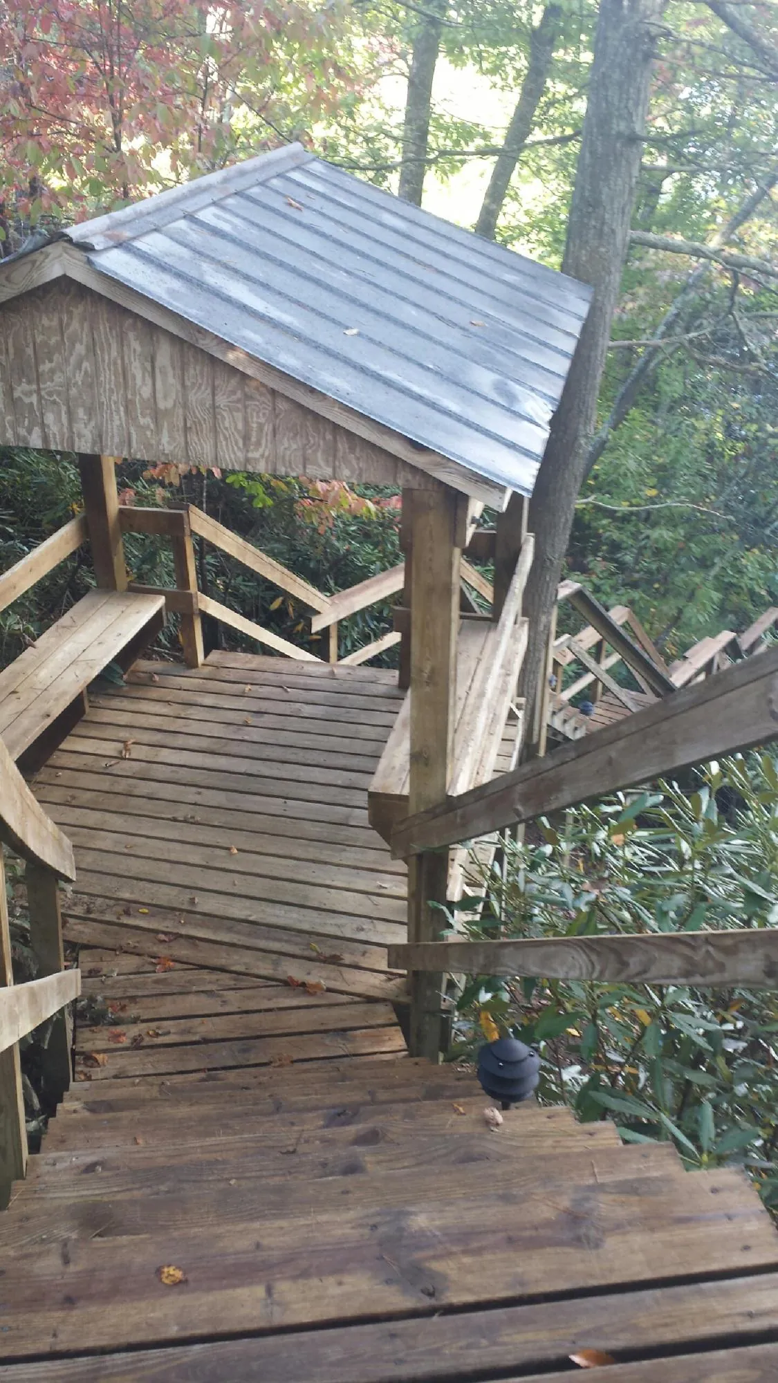 Metal roofed shelter over wooden steps on a wooded walkway — Skylight Repair & Installation work by our crew in Gambell